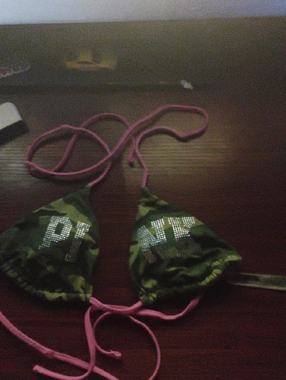 PINK Victoria's Secret Green Camo Rhinestone Triangle Bikini Top with Pink Ties